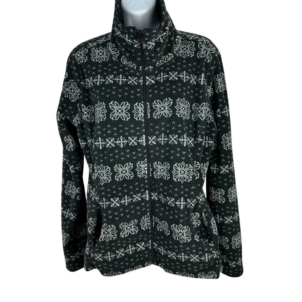 Old Navy Womens Large Fleece Zip-Up Jacket Black White Nordic Pattern Mock Neck